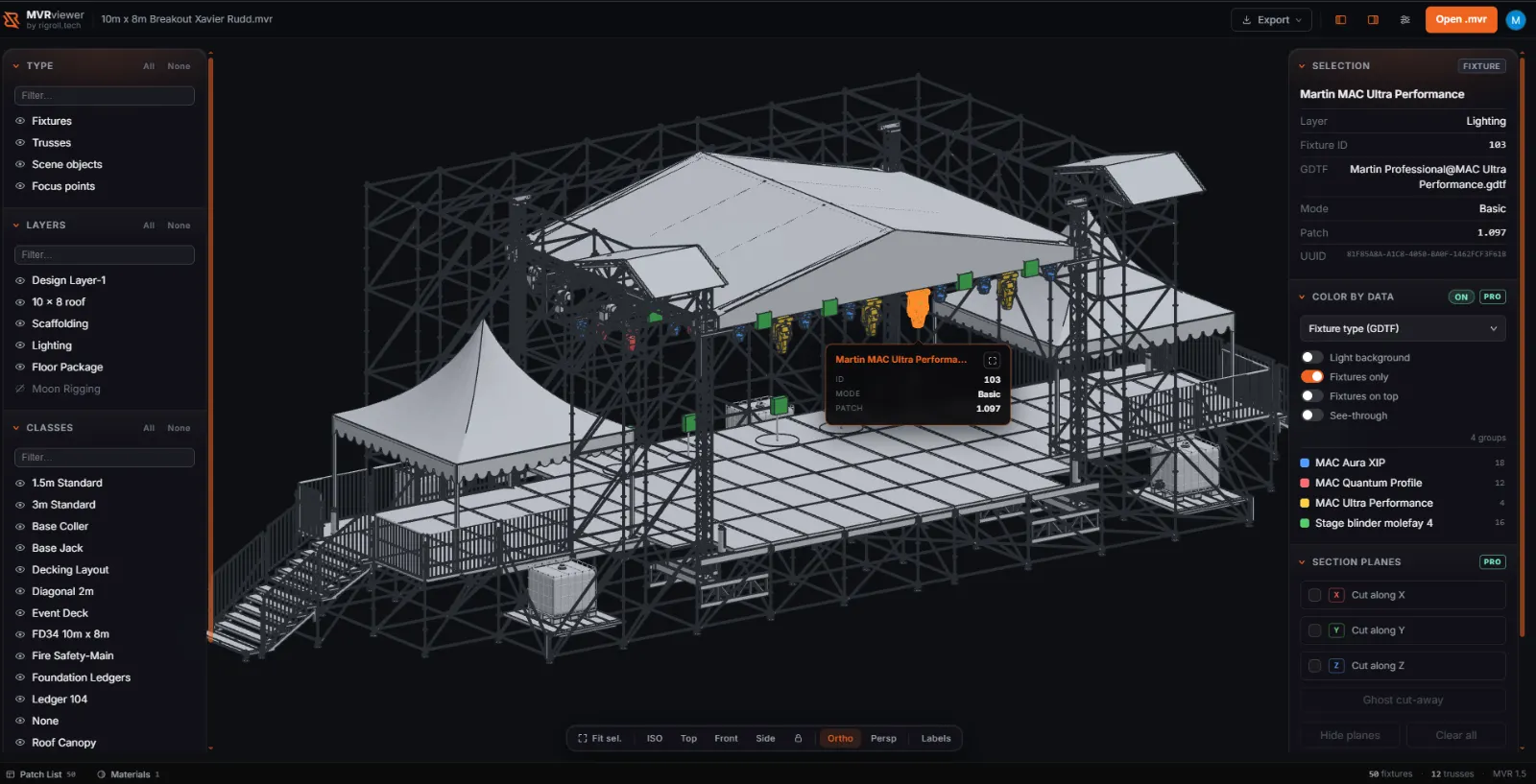 A 10 by 8 metre outdoor stage loaded from an MVR file: roof, trusses, scaffolding and decking in 3D, with the layer and class tree on the left and the selected fixture's details on the right.